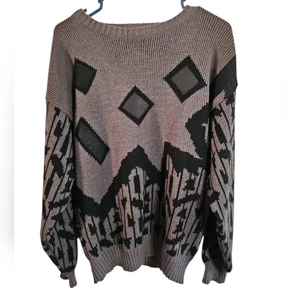 Alvin Josef L Brown Black 80s Geometric Sweater Leather Patches Rare Vintage